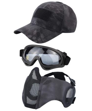 HodeACC 3-part tactical Airsoft mask set baseball cap set adjustable half-face mask with hearing protection anti-UV airsoft glasses eye protection outdoor hat for outdoor airsoft/BB/CS game Ty Mask