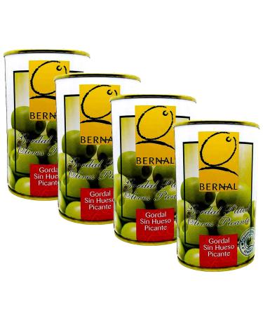 Bernal 4 x350g tins (4 x 150 Grams Drained ) Spanish Green Pitted Gordal Olives Picante Spicy