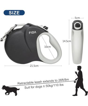 Fida Retractable Dog Lead Extendable 8m Heavy Duty Pet Walking Leash for Medium Large Dog up to 50kg Tangle Free. One-Hand Brake Dog Leads Strong Retractable for Large Breed Dogs - Black 8m (pack of 1) Black - Buy Online on SooperMarket.com