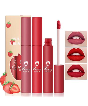 3Pcs Matte lipgloss Set Strawberry Matte Lipstick Set Matte Nude liquid Long-Lasting Wear Non-Stick Cup Not Fade Waterproof Makeup Gift labiales mate for Girls and Women