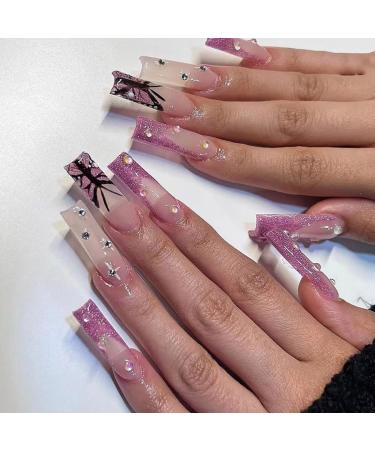 24pcs Long Coffin Shaped Ballet Fake Nails with Rhinestone Butterfly Pattern Design French Fake Nails for Women and Girls Nail Tips 19