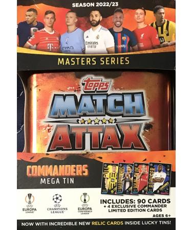 2022 2023 Topps COMMANDERS UEFA Champions League Match Attax Soccer Trading Card Game Sealed MEGA MASTERS SERIES 90 Card Collector Tin with 4 EXCLUSIVE Limited Edition Cards