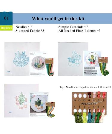 Highkick Cactus Series Embroidery Starter Kit for Adults - Stamped Pattern, Floss, Needles, and Hoop Included! Perfect for Beginners - Buy Online on SooperMarket.com