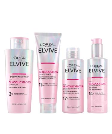 L'Or al Paris Elvive Glycolic Gloss for Dull Porous Hair Get The Shiniest Hair of Your Life Glossing Routine for Mirror-Like Shine Shampoo Conditioner Lamination Treatment Leave-In Serum Set