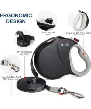 Fida Retractable Dog Lead Extendable 8m Heavy Duty Pet Walking Leash for Medium Large Dog up to 50kg Tangle Free. One-Hand Brake Dog Leads Strong Retractable for Large Breed Dogs - Black 8m (pack of 1) Black - Buy Online on SooperMarket.com