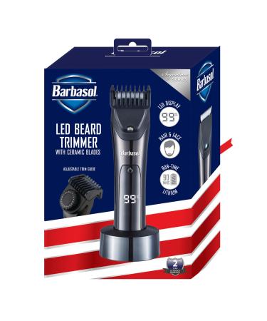 Barbasol Hair and Beard Trimmer for Men Rechargeable Battery with Charging Base Powerful Hypoallergenic Ceramic Blades Dial Adjustable Hair Guard Length with 10 Settings LED Screen