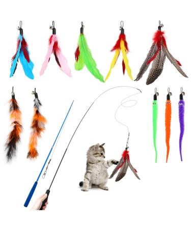 Hianjoo Cat Feather Teaser Set 12 pcs Interactive Toys for Cats 2 Retractable Cat Wand Funny Sticks and 10 Replacement Feather Toys with Bell for Kitten Cat Catcher Having Fun Exercise Playing