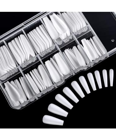 Ballerina Nails Long False Nails Coffin Fake Nails Full Cover Length 100 Pieces Artificial Fingernails Tip with Case for Nail Salons and DIY Nail Art 10 Sizes (White)