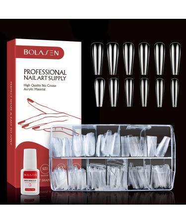 500 pieces full cover tips for gel nails bolases nail tip ballerina false nails with glue acrylic artificial nails tips false nail tips for nail studios and diy nail art 10 sizes (transparent) 1 piece (1 Pack)