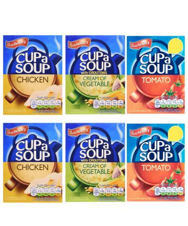 Bachelors Instant Cup A Soup Selection Tomato Cream of Vegetable Chicken Flavours 6 Boxes