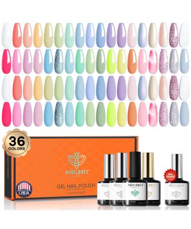 Modelones 40Pcs Gel Nail Polish Set 36 Colors Pastel Macaroon Glitter Gel Polish Set Spring Summer Bright Gel Nail Polish Manicure with 4Pcs Nail Primer Gel Base Matte Glossy Top Coat for Girls Women Pink Red