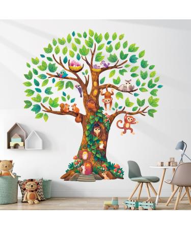 DECOWALL DL4-2303 Giant Woodland Tree Wall Stickers Animals Monkey Decals for Kids Bedroom Nursery Wall Art DIY Family Living Room Playroom Giant Tree
