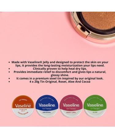 Vaseline Lip Balm - Petroleum Jelly - Lip Therapy - Original Coco Butter Alo VeraAnd Rosy 20g Tin - Soothes Dry Lips - Pack Of 4 - Buy Online on SooperMarket.com