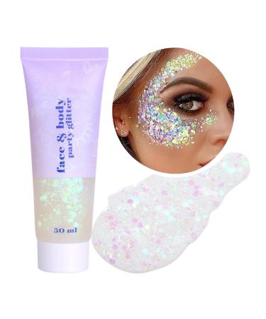 Sularpek Face Glitter Gel 50ml Hair Glitter Body Glitter Sequins Shimmer Liquid Eyeshadow Mermaid Sequins Glitter for Face Body Eye Hair Festival Party Makeup Decoration White