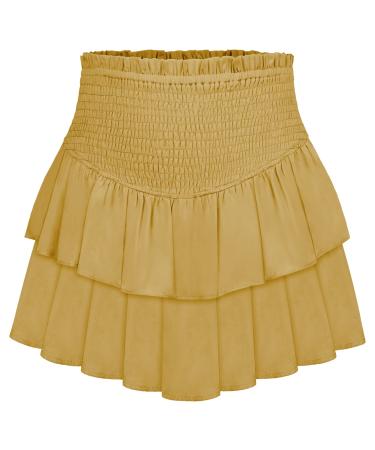 LAEMILIA Womens Elastic Waist Flared Short Skirt Floral Print Pleated Mini Skater Skirt with Drawstring L 02-yellow