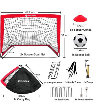 Set of 2 Portable Soccer Goals for Kids | Indoor Pop Up 4'x3' Toddler Soccer Nets with Training Equipment & Cones - Red - Buy Online on SooperMarket.com
