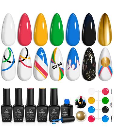 Beetles Gel Nail Polish Set with Golden Chrome 7 Colors Hot Pink Blue Green Nails Gel Black White Yellow Gel Polish Gold Nails Gel Set Nail and Double-ended Brush Soak off Uv Gel 2024 0-0-0 6 colors Go for Gold