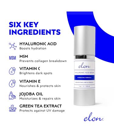 Elon Hyaluronic Acid Serum for Face & Neck - Revitalizing Vitamin C & Jojoba Oil Facial Serum for Deep Hydration & Collagen Boost - All Skin Types - Buy Online on SooperMarket.com