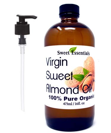 Organic Unrefined Sweet Almond Oil | Imported From Italy | 100% Pure | Cold Pressed | Hexane Free | Great For Hair Skin & Nails | Carrier Oil (16 Fluid Ounces - Glass Bottle w/Pump)