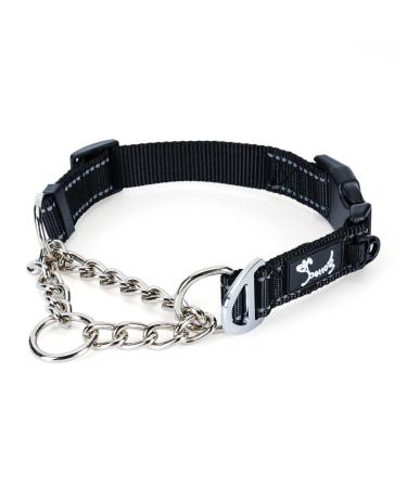 PETTOM Half Choke Dog Collar Medium Nylon Dog Choker Chain Collar Chew Proof Metal Chain Half Check Collar for Medium Large Dogs (M: 17-20inch Black) M: Neck 43-51 CM Black