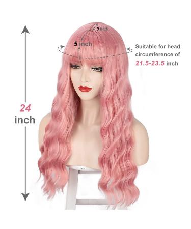 AISI BEAUTY Pink Wig with Bangs - 24 Inch Synthetic Long Wavy Pink Wig for Women - Halloween Cosplay Party Hairpiece - Buy Online on SooperMarket.com