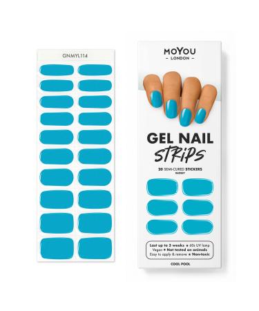 MOYOU LONDON Semi Cured Gel Nail Wraps 20 Pcs Gel Nail Polish Strips for Salon-Quality Manicure Set with Nail File & Wooden Cuticle Stick (UV/LED Lamp Required) - Cool Pool