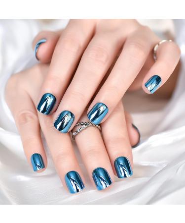 Buy iMABC Blue Metallic Press On Nails - Medium Squoval Reusable Fake Nail Art for Women & Girls | Perfect for Home Office & Parties - Buy Online on SooperMarket.com