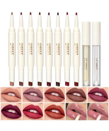 10Pcs Lip Liner and Lipstick Makeup Set  8Pcs 2 in 1 Double Head Matte Lipstick +Day and Night Lip Oil  Waterproof Long Lasting Lip Make Up Gift Kit for Daily/Travel/Party/Work Multi-colored