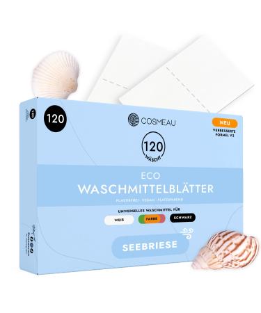 Cosmeau detergent leaves sea bries - up to 120 washes (60 leaves) - sustainable detergent for white color and black - plastic -free degradable & perfect travel detergent Seabries 1 piece (120 pack)