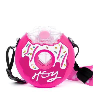 PHEENOWL 380ml Donut Water Bottle with Straw for Kids  BPA Free & Leak Proof Sports Cup with Straw  Toddler Drink Bottle with Shoulder Strap for Outdoor and School (Pink)