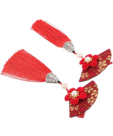 Gadpiparty 1 Pair Japanese Hair Clips Kimono Flower Hair Pins with Tassel Floral Fan Hair Barrette Hair Ornament for Women Girls Red