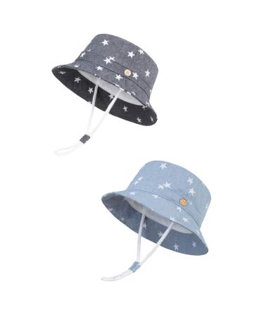 LANGZHEN Beach Sun Protection Hat for Baby Girls Adjustable Toddler Kids Hat Wide Brim Summer Play Hat with Chin Strap Double Stars 6-12 Months
