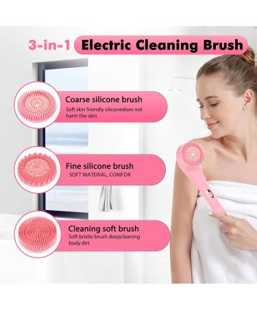 SUUWEE Electric Silicone Body Brush Set with 3 Heads | USB Rechargeable Shower Scrubber for Deep Cleaning | Long Handle for Women Men | Pink - Buy Online on SooperMarket.com
