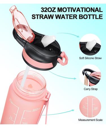 ELYPHINE 32/24 oz Water Bottle with Removable Straw & Time Marker | BPA Free Tritan | Leakproof | Motivational Sports Jug - Veiled Rose - Buy Online on SooperMarket.com