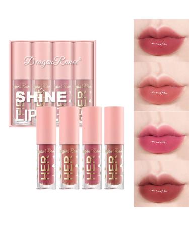 4Pcs Shimmer Lip Gloss Set Plumping Liquid Nude Lipstick Set Moisturizing Lip Stain Long Lasting Waterproof Non-Stick Cup Not-Fade Shiny Lip Gloss Set for Women Glitter Lip Makeup Kit - Set B