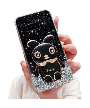 Tivenfezk Nadoli for Samsung Galaxy S10 Hase Hidden Stand Shell caricature glitter rabbits stand Soft silicone bling cell phone case transparent protective cover samsung galaxy S10 black