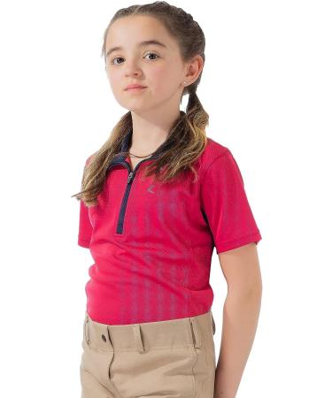 Horze Kids' Short Sleeved Equestrian Sun Shirt - Pink/Peacoat Dark Blue - XL (EU 158-164) | Moisture-Wicking, UV Protection, Mesh Under-Sleeves - Buy Online on SooperMarket.com