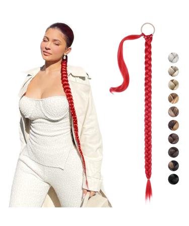 REECHO DIY Braid Ponytail Extension Long Straight Wrap Around Ponytail Hair Extensions Natural Soft Synthetic Hairpieces for Women - Red 180g 34Inch-180g Red