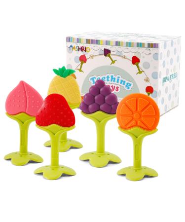NASHRIO Baby Teething Toys Pack of 5 - Silicone BPA Free Natural Organic Freezer Safe Teethers for Newborn Infant Soft & Textured - Babies Shower Gift