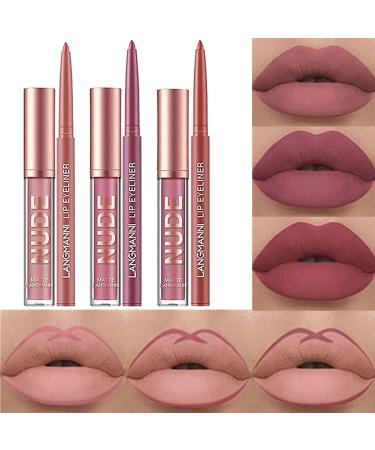 6Pcs Matte Liquid Lipstick Lip Liner Set Velvety Nude Lipstick Stay On 24 Hours Waterproof Non-Stick Cup Not Fade Liquid Lipstick Lipliner Make Up Gift Set (Set C)