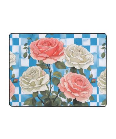 Plaid Background Roses Flannel Non-Slip Floor Mat - Comfortable Lint-Free Relieving Foot Pressure Suitable for Many Occasions Size: 63x48 Inches