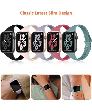 TSAAGAN 5 Pack Silicone Slim Bands for Apple Watch 38mm 42mm 40mm 44mm - Ultra-Thin Sport Strap for iWatch Series 8/7/SE/6/5/4/3/2/1 - Women Men Black/Milk Tea/White/Sand Pink/Smoke Violet - Buy Online on SooperMarket.com