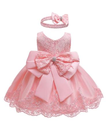 LZH Baby Girls Lace Dress Bowknot Flower Dresses Wedding Pageant Baptism Christening Tutu Gown 0-24 Months 4-5 Years Baby Pink 1