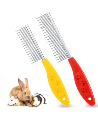 2 Pieces Pet Hair Buster Comb Small Pet Grooming Comb Stainless Steel Long and Short Teeth Comb for Small Animals Rabbits Hamsters Guinea Pigs, Red and Yellow
