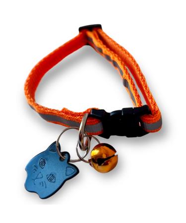 MHS Cat ID Tag Reflective Cat Collar with Bell Cat Tags for Pets Engraved ID Tag Personalised Cat Name Tags Customised Cat ID Tags (Black Tag + Orange Collar)