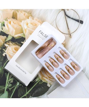 Timmoko Long Square Fake Nails - Exquisite Gold Foil Stripes Design - 24pcs - Buy Online on SooperMarket.com