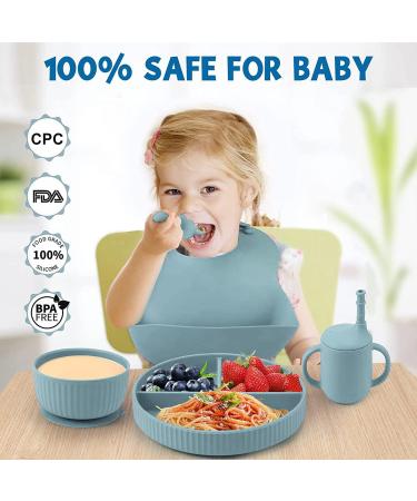 Baby Feeding Set - Silicone Bib, Suction Bowl, Spoon, Fork - Toddler Utensils - 6 Months (Light Blue) | Baby Led Weaning Supplies - Buy Online on SooperMarket.com