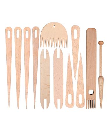 12 Pcs Wood Hand Loom Stick Set, Wood Weaving Crochet Needle Hand Loom Stick Wooden Shuttle Weaving Comb Knitting Fork Eye Needle Tapestry Weaving Loom Tool for DIY Knitting Crafts Tapestry Handcrafts