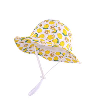 LANGZHEN Beach Sun Protection Hat for Baby Girls Adjustable Toddler Kids Hat Wide Brim Summer Play Hat with Chin Strap White lemon 6-12 Months