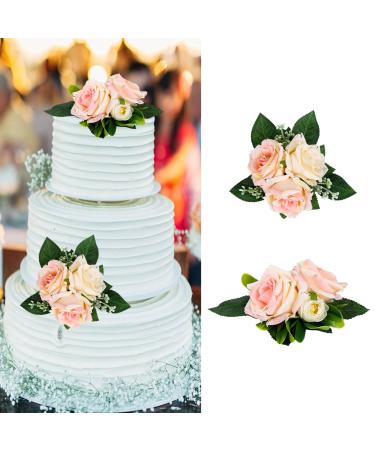 2 Pcs Boho Rose Flower Cake Topper Decorations Simulation Cake Decoration Flowers 3 and 4 Heads Rose Flower Cake Toppers Artificial Plants Flower Cake Decorations for DIY Birthday Wedding Party